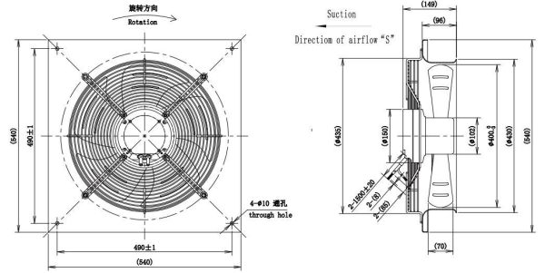 LWAE3G400SS-5MGW-05 外形尺寸图,Ø400mm EC轴流风机安装尺寸