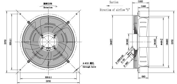 LWAE3G450SS-5MGW-05 外形尺寸图,Ø450mm EC轴流风机安装尺寸