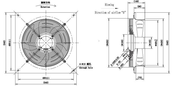 LWAE3G400ST-5MGW-06 外形尺寸图,Ø400mm EC轴流风机安装尺寸