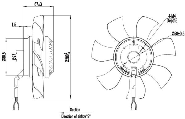 LWAA2D200S-7MNW-01 外形尺寸图，Ø200mm AC轴流风机安装尺寸