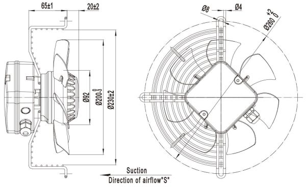 LWAA2D200S-7MEB-05 外形尺寸图,Ø200mm AC轴流风机安装尺寸