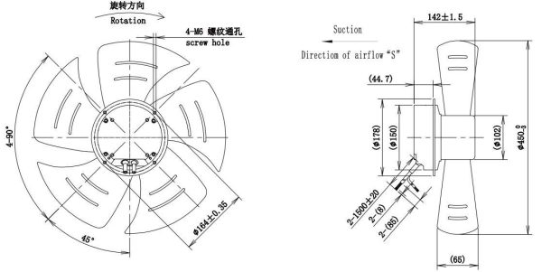 LWAE3G450SS-5MNW-01 外形尺寸图，Ø450mm EC轴流风机安装尺寸