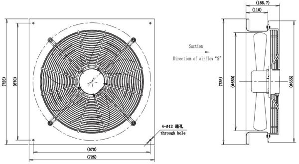LWAE3G550TS-5MKW-05 外形尺寸图,Ø550mm EC轴流风机安装尺寸
