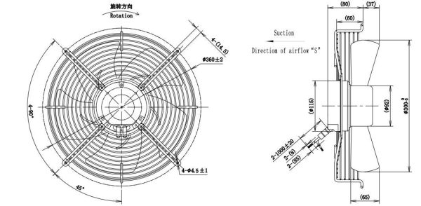 LWAE3G300SS-5PEW-03 外形尺寸图,Ø300mm EC轴流风机安装尺寸