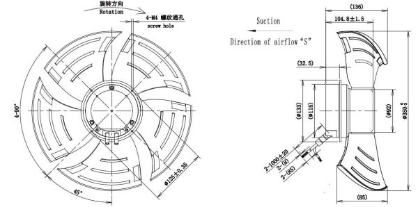 LWAE3G350SS-5PNW-01 外形尺寸图,Ø350mm EC轴流风机安装尺寸