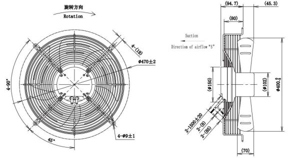 LWAE3G400SS-5MEW-03 外形尺寸图,Ø400mm EC轴流风机安装尺寸