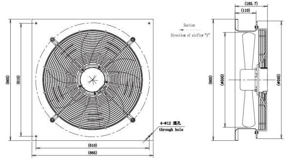 LWAE3G500TS-5MKW-05 外形尺寸图,Ø500mm EC轴流风机安装尺寸