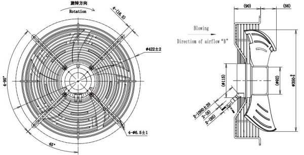 LWAE3G350ST-5PEW-04 外形尺寸图，Ø350mm EC轴流风机安装尺寸