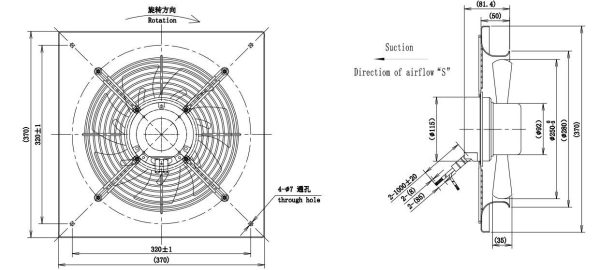 LWAE3G250SS-7MGW-05 外形尺寸图,Ø250mm EC轴流风机安装尺寸