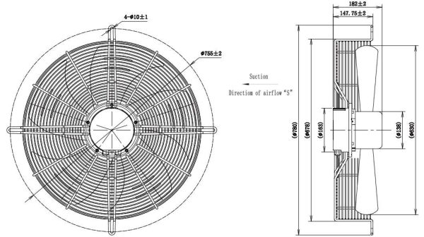 LWAE3G630TS-5MEW-03 外形尺寸图，Ø630mm EC轴流风机安装尺寸