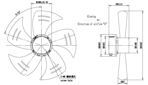 LWAE3G550TT-5MNW-02 外形尺寸图，Ø550mm EC轴流风机安装尺寸