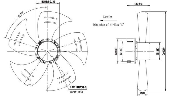 LWAE3G500TS-5MNW-01 外形尺寸图，Ø500mm EC轴流风机安装尺寸