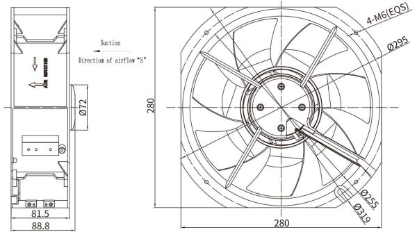 LWAE3G250SS-7PKW-10 外形尺寸图,Ø250mm EC轴流风机安装尺寸