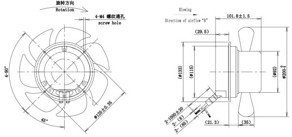 LWAE3G200ST-7MNW-08 外形尺寸图,Ø200mm EC轴流风机安装尺寸