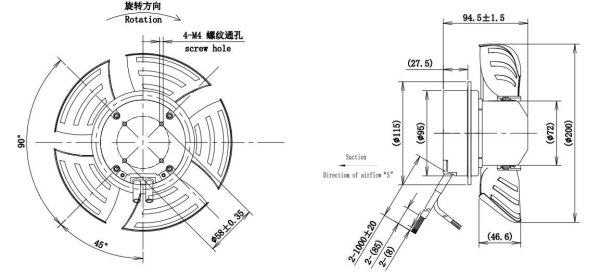LWAE3G200SS-5PNW-01 外形尺寸图,Ø200mm EC轴流风机安装尺寸