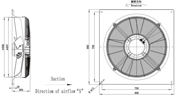LWAE3G630TS-5MKW-09 外形尺寸图,Ø630mm EC轴流风机安装尺寸
