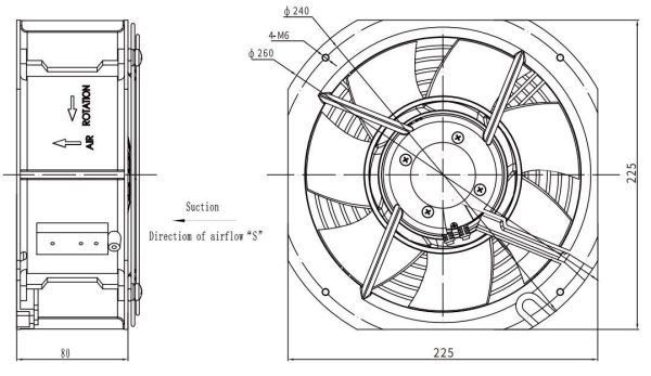 LWAE3G200SS-7PKW-14 外形尺寸图,Ø200mm EC轴流风机安装尺寸