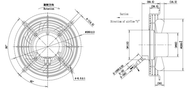 LWAE3G200SS-7MEW-09 外形尺寸图，Ø200mm EC轴流风机安装尺寸