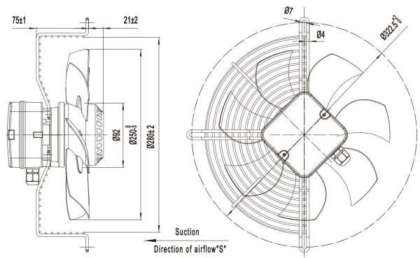 LWAA2D250S-5MEB-03 外形尺寸图，Ø250mm AC轴流风机安装尺寸