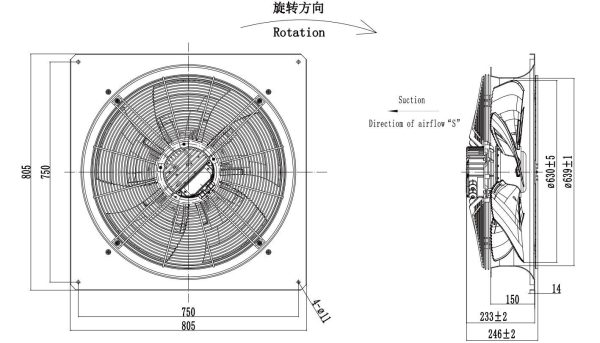LWAE3G630SS-5PKW-10 外形尺寸图,Ø630mm EC轴流风机安装尺寸