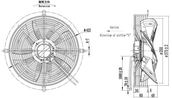 LWAE3G350SS-5PEW-09 外形尺寸图,Ø350mm EC轴流风机安装尺寸