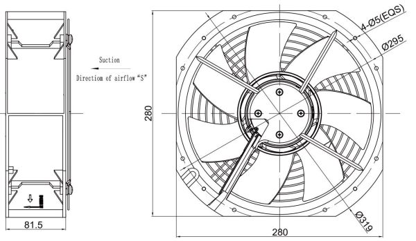 LWAE3G250SS-7PKW-08 外形尺寸图,Ø250mm EC轴流风机安装尺寸