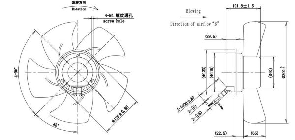 LWAE3G300ST-5PNW-02 外形尺寸图，Ø300mm EC轴流风机安装尺寸