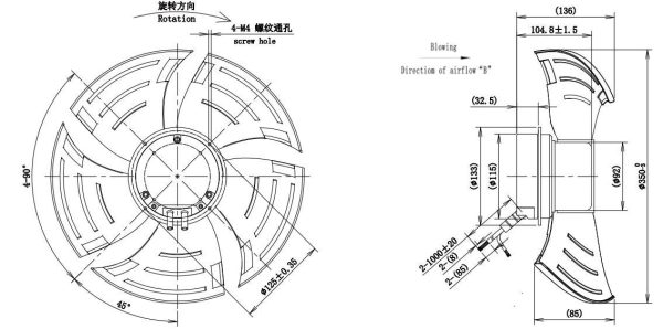 LWAE3G350ST-5PNW-02 外形尺寸图,Ø350mm EC轴流风机安装尺寸