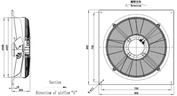 LWAE3G630SS-5MKW-07 外形尺寸图,Ø630mm EC轴流风机安装尺寸