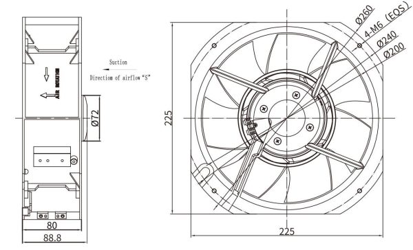 LWAE3G200SS-7PKW-16 外形尺寸图,Ø200mm EC轴流风机安装尺寸
