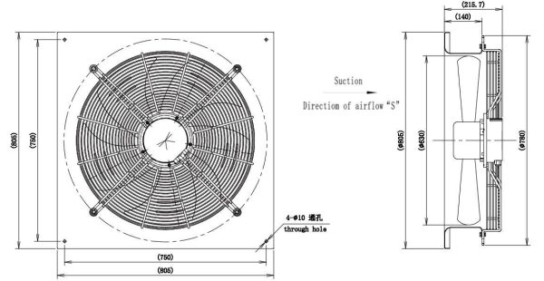 LWAE3G630TS-5MKW-05 外形尺寸图,Ø630mm EC轴流风机安装尺寸
