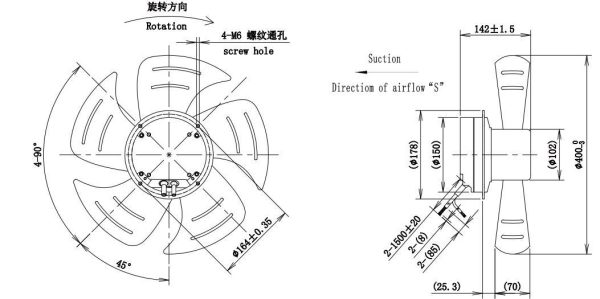 LWAE3G400SS-5MNW-01 外形尺寸图,Ø400mm EC轴流风机安装尺寸