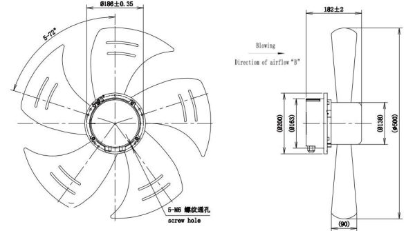 LWAE3G500TT-5MNW-02 外形尺寸图，Ø500mm EC轴流风机安装尺寸