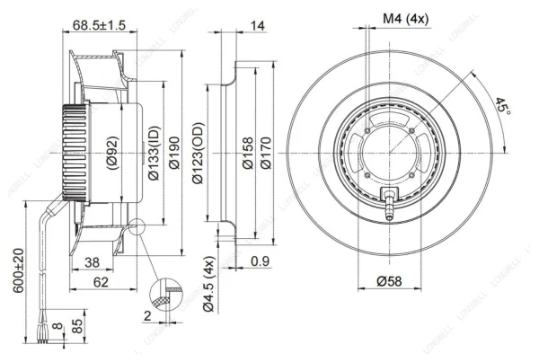 LWBD3G190-092NM-06 外形尺寸图 dimension drawing LONGWELL 朗伟