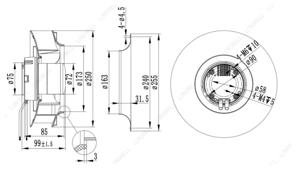 LWBE3G250-072NS-21 外形尺寸图 LONGWELL 朗伟