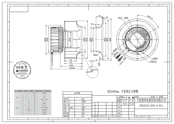 LWBE3G250-102NS-10 外形尺寸图 LONGWELL 朗伟 dimension drawing