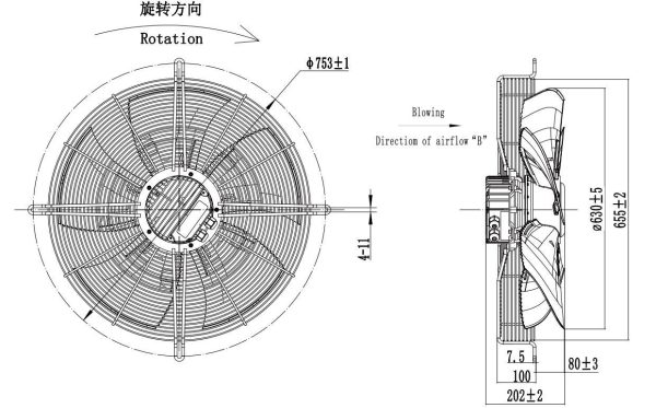 LWAE3G630TS-5PEW-11 外形尺寸图,Ø630mm EC轴流风机安装尺寸