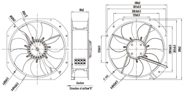 LWAA2D250S-5MKW-11 外形尺寸图,Ø250mm AC轴流风机安装尺寸