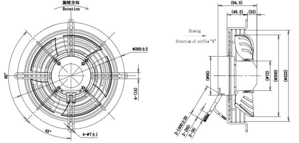 LWAE3G200ST-5PNW-04 外形尺寸图，Ø200mm EC轴流风机安装尺寸