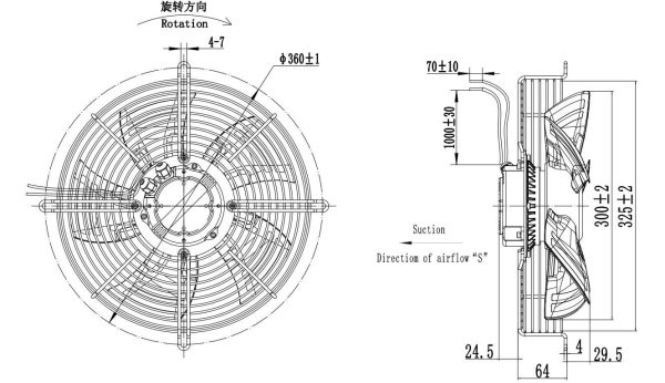 LWAE3G300SS-5PEW-09 外形尺寸图,Ø300mm EC轴流风机安装尺寸