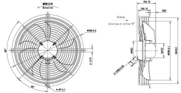 LWAE3G300SS-5PEW-12 外形尺寸图,Ø300mm EC轴流风机安装尺寸