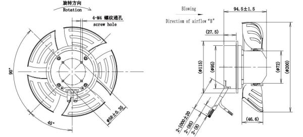 LWAE3G200ST-5PNW-02 外形尺寸图,Ø200mm EC轴流风机安装尺寸