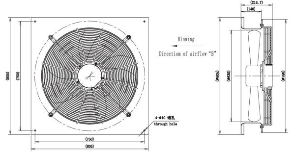 LWAE3G630TT-5MKW-06 外形尺寸图,Ø630mm EC轴流风机安装尺寸