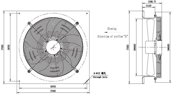 LWAE3G550TT-5MKW-06 外形尺寸图，Ø550mm EC轴流风机安装尺寸