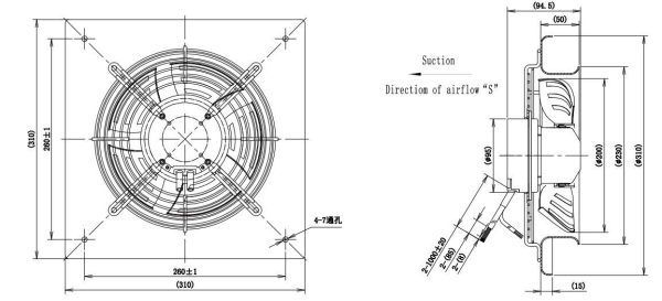 LWAE3G200SS-5PNW-05 外形尺寸图,Ø200mm EC轴流风机安装尺寸