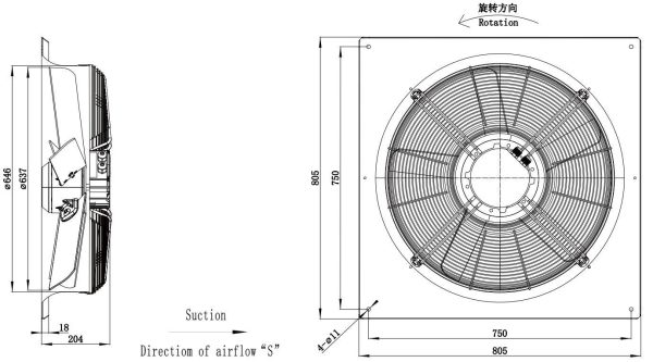 LWAE3G630TS-5MKW-08 外形尺寸图，Ø630mm EC轴流风机安装尺寸