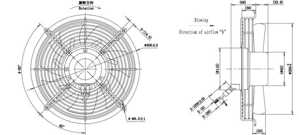 LWAE3G250ST-7MEW-04 外形尺寸图,Ø250mm EC轴流风机安装尺寸