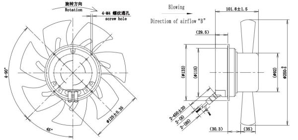 LWAE3G250ST-7MNW-02 外形尺寸图,Ø250mm EC轴流风机安装尺寸