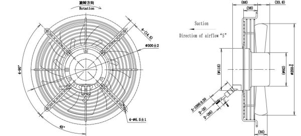 LWAE3G250SS-7MEW-03 外形尺寸图,Ø250mm EC轴流风机安装尺寸
