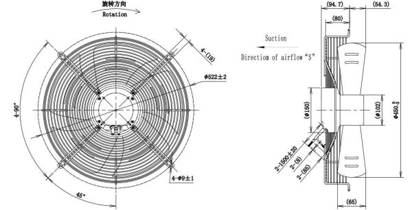 LWAE3G450SS-5MEW-03 外形尺寸图,Ø450mm EC轴流风机安装尺寸